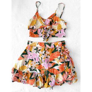 Aerie Two 2 Piece Tropical Summer Floral Linen Set - Bra and Wrap Skirt - Size S